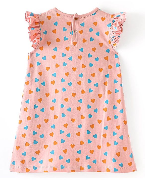 Babyhug Cotton Knit Frill Sleeves Nighty Heart Print - Pink