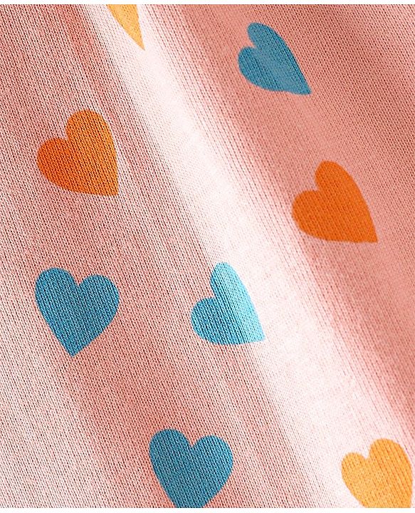 Babyhug Cotton Knit Frill Sleeves Nighty Heart Print - Pink