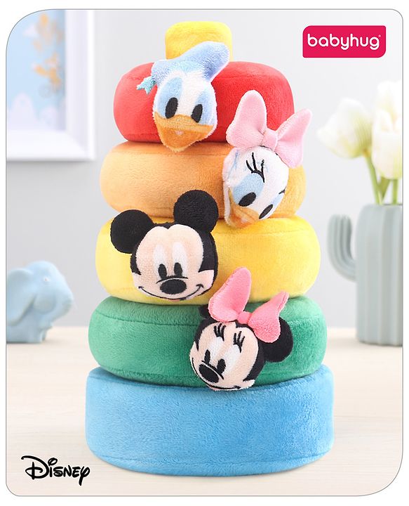 Babyhug 5 Pcs Disney Mickey And Friends Plush Stacking Ring Toy| 4 Rings and 1 Base Soft Stacking Toy| STEM Montessori Learning Toy for 1 - 3 Years Kids| Boost Motor Skills Creativity & Hand Eye Co-ordination| BIS Certified