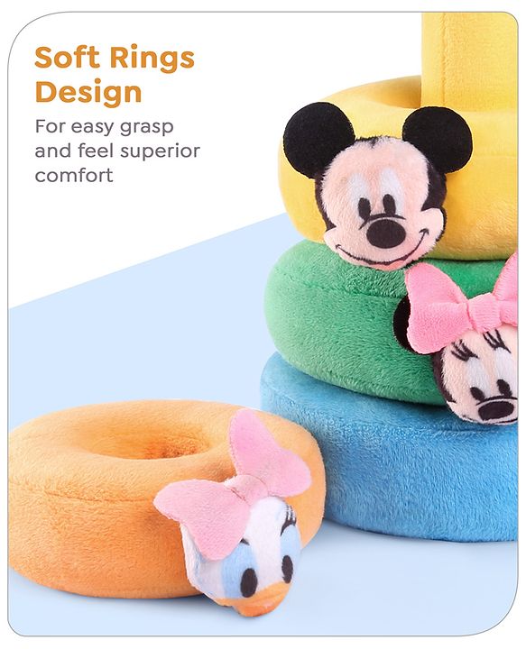 Babyhug 5 Pcs Disney Mickey And Friends Plush Stacking Ring Toy| 4 Rings and 1 Base Soft Stacking Toy| STEM Montessori Learning Toy for 1 - 3 Years Kids| Boost Motor Skills Creativity & Hand Eye Co-ordination| BIS Certified