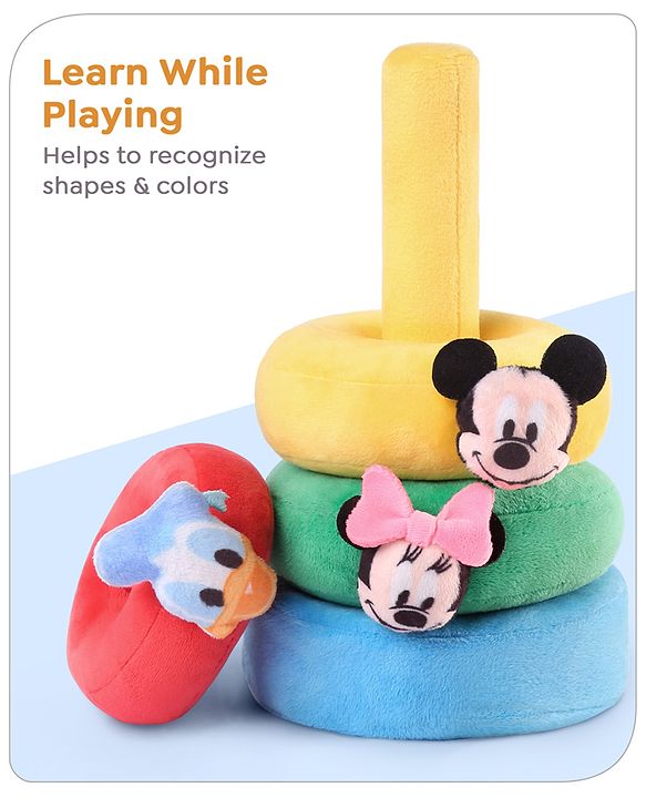 Babyhug 5 Pcs Disney Mickey And Friends Plush Stacking Ring Toy| 4 Rings and 1 Base Soft Stacking Toy| STEM Montessori Learning Toy for 1 - 3 Years Kids| Boost Motor Skills Creativity & Hand Eye Co-ordination| BIS Certified