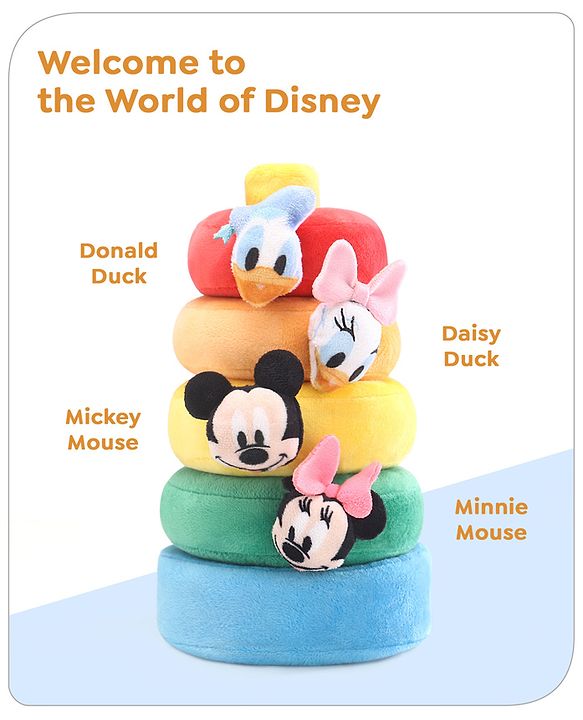 Babyhug 5 Pcs Disney Mickey And Friends Plush Stacking Ring Toy| 4 Rings and 1 Base Soft Stacking Toy| STEM Montessori Learning Toy for 1 - 3 Years Kids| Boost Motor Skills Creativity & Hand Eye Co-ordination| BIS Certified