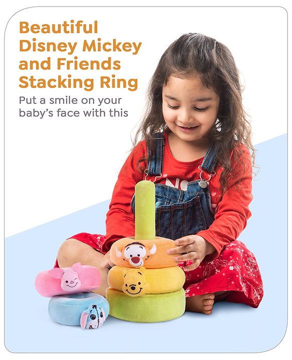 Babyhug 5 Pcs Disney Mickey And Friends Plush Stacking Ring Toy| 4 Rings and 1 Base Soft Stacking Toy| STEM Montessori Learning Toy for 1 - 3 Years Kids| Boost Motor Skills Creativity & Hand Eye Co-ordination| BIS Certified