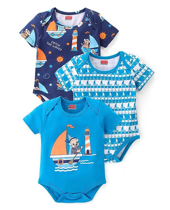 Babyhug 100% Cotton Knit Interlock Half Sleeves Onesies With Light House & Boat Pack Of 3 - Blue