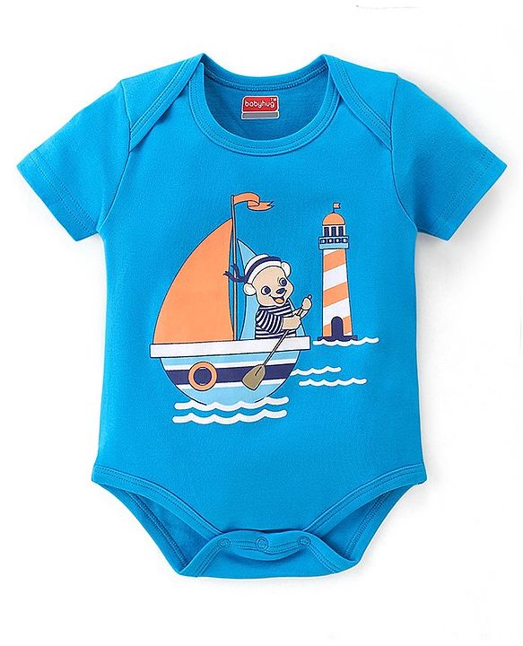 Babyhug 100% Cotton Knit Interlock Half Sleeves Onesies With Light House & Boat Pack Of 3 - Blue