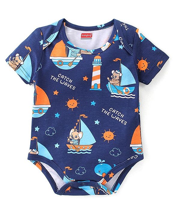 Babyhug 100% Cotton Knit Interlock Half Sleeves Onesies With Light House & Boat Pack Of 3 - Blue