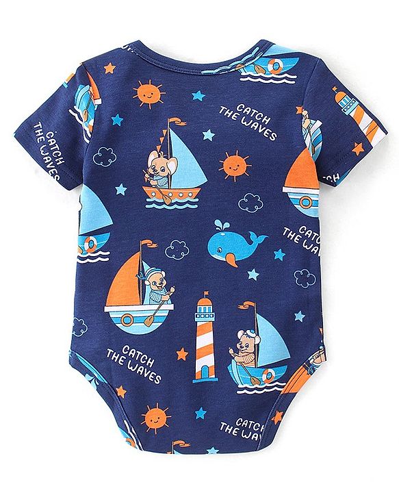 Babyhug 100% Cotton Knit Interlock Half Sleeves Onesies With Light House & Boat Pack Of 3 - Blue