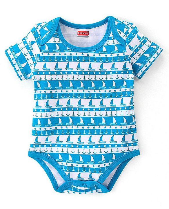 Babyhug 100% Cotton Knit Interlock Half Sleeves Onesies With Light House & Boat Pack Of 3 - Blue