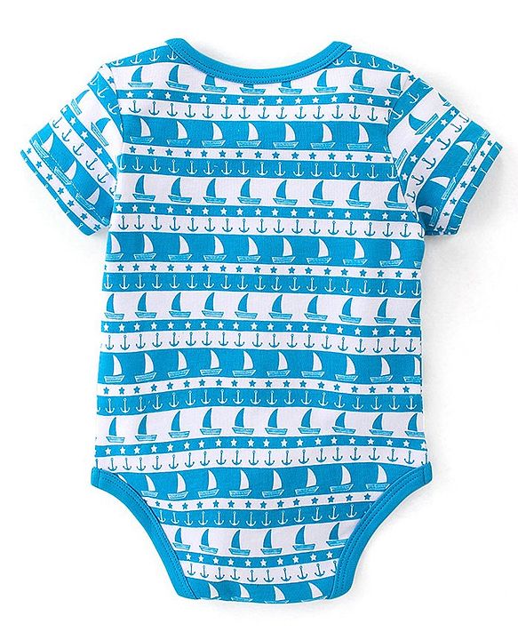 Babyhug 100% Cotton Knit Interlock Half Sleeves Onesies With Light House & Boat Pack Of 3 - Blue