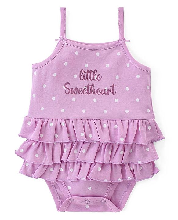 Babyhug 100% Cotton Knit Sleeveless Frock Style Onesie Text & Polka Dots Print - Lilac