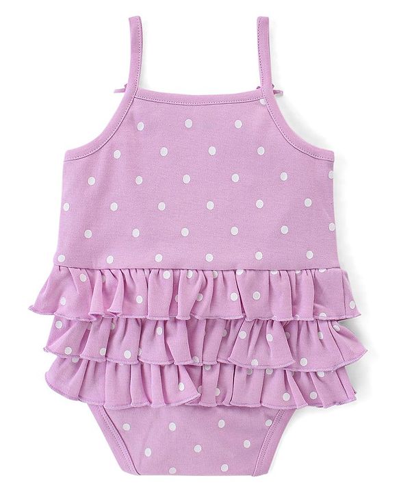 Babyhug 100% Cotton Knit Sleeveless Frock Style Onesie Text & Polka Dots Print - Lilac
