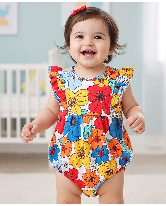 Babyhug 100% Cotton Knit Frill Sleeves Onesies Floral Print - Blue White & Red