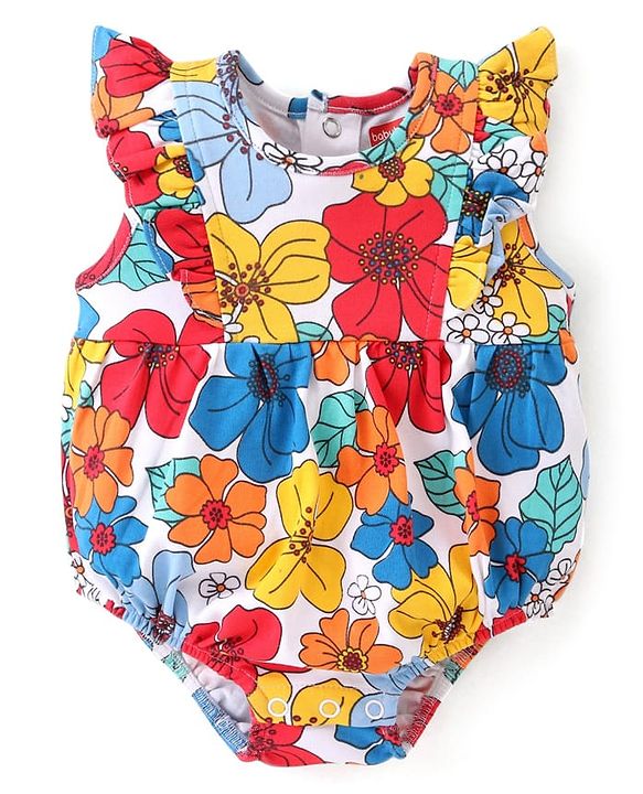 Babyhug 100% Cotton Knit Frill Sleeves Onesies Floral Print - Blue White & Red