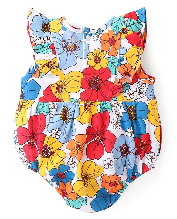 Babyhug 100% Cotton Knit Frill Sleeves Onesies Floral Print - Blue White & Red
