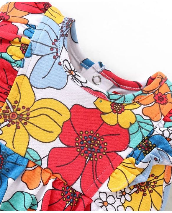 Babyhug 100% Cotton Knit Frill Sleeves Onesies Floral Print - Blue White & Red