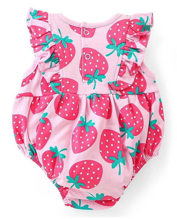 Babyhug 100% Cotton Knit Frill Sleeves Strawberry Printed Onesie - Pink