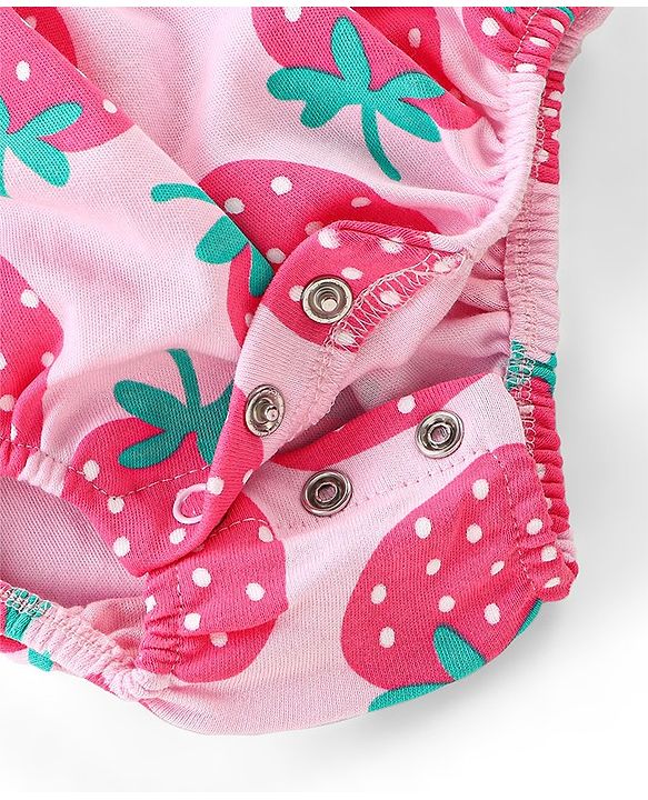 Babyhug 100% Cotton Knit Frill Sleeves Strawberry Printed Onesie - Pink