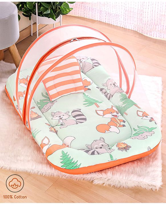 Babyhug Cotton Mattress Set with Mosquito Net Fox Print- Pista Green
