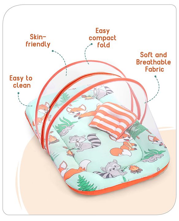 Babyhug Cotton Mattress Set with Mosquito Net Fox Print- Pista Green