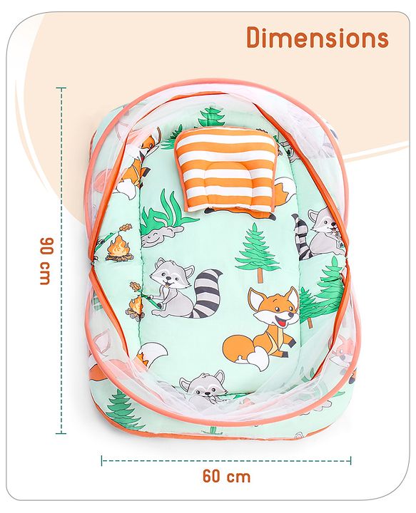 Babyhug Cotton Mattress Set with Mosquito Net Fox Print- Pista Green