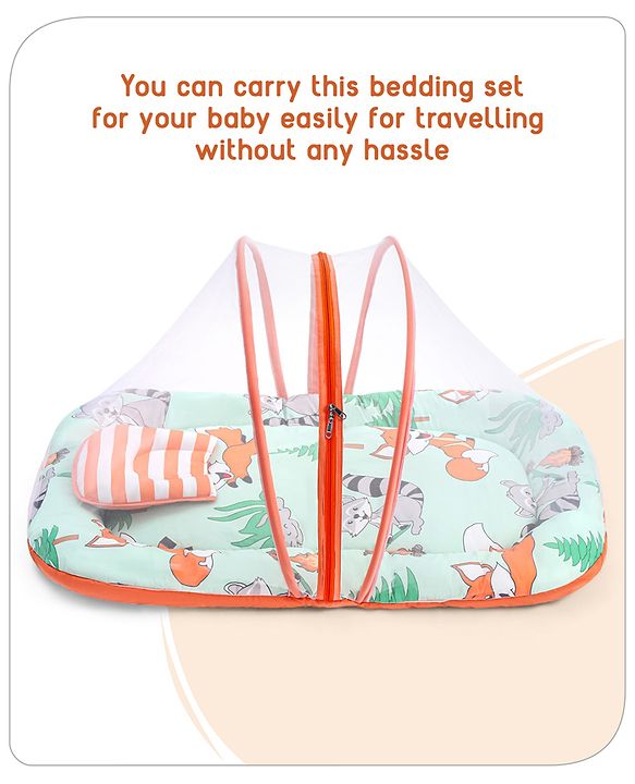 Babyhug Cotton Mattress Set with Mosquito Net Fox Print- Pista Green