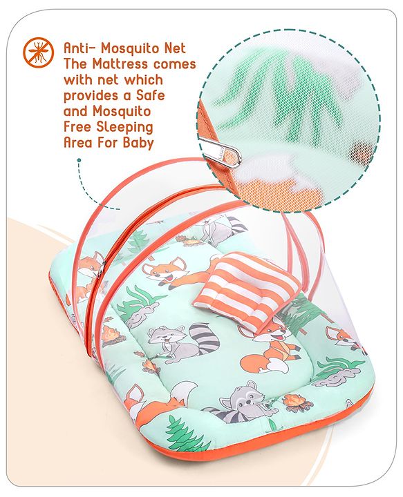 Babyhug Cotton Mattress Set with Mosquito Net Fox Print- Pista Green