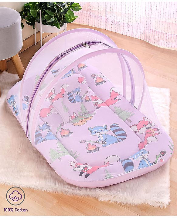 Babyhug Cotton Mattress Set with Mosquito Net Fox Print- Pista Green