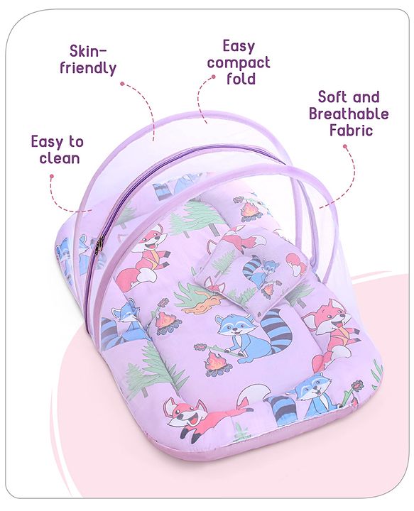 Babyhug Cotton Mattress Set with Mosquito Net Fox Print- Pista Green