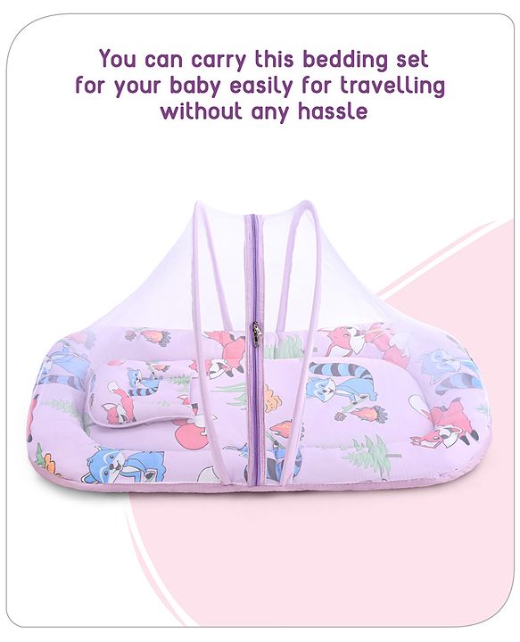 Babyhug Cotton Mattress Set with Mosquito Net Fox Print- Pista Green