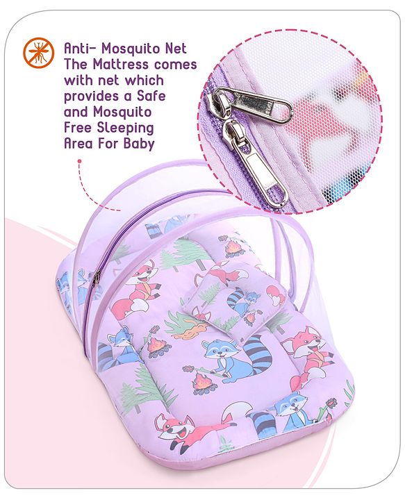 Babyhug Cotton Mattress Set with Mosquito Net Fox Print- Pista Green