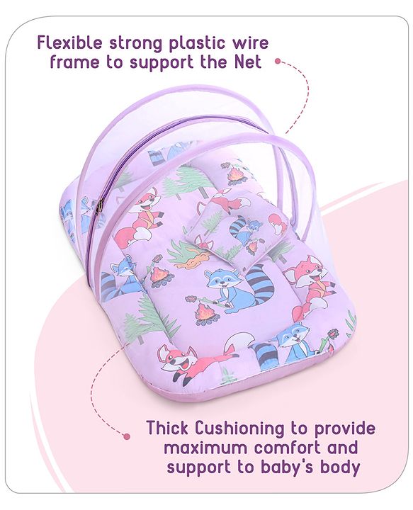 Babyhug Cotton Mattress Set with Mosquito Net Fox Print- Pista Green