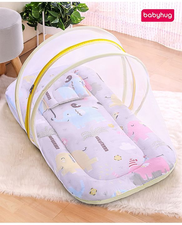 Babyhug Cotton Mattress Set with Mosquito Net Fox Print- Pista Green