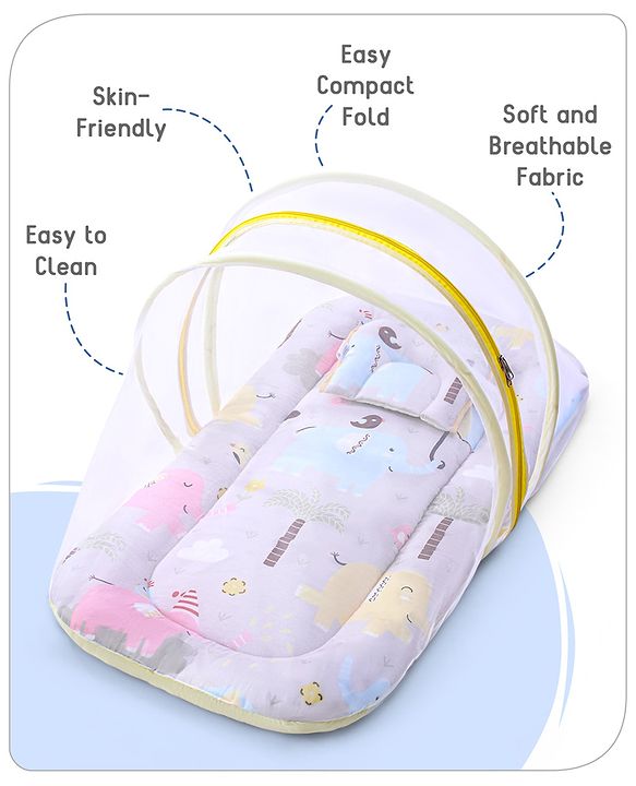 Babyhug Cotton Mattress Set with Mosquito Net Fox Print- Pista Green