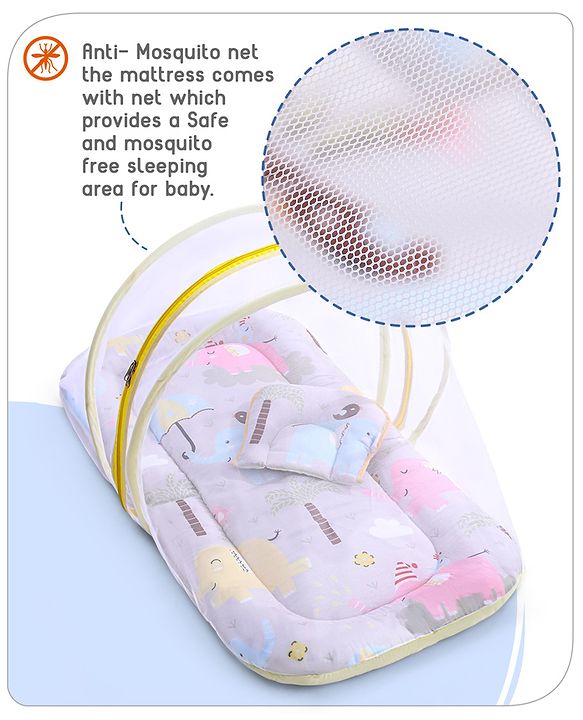 Babyhug Cotton Mattress Set with Mosquito Net Fox Print- Pista Green