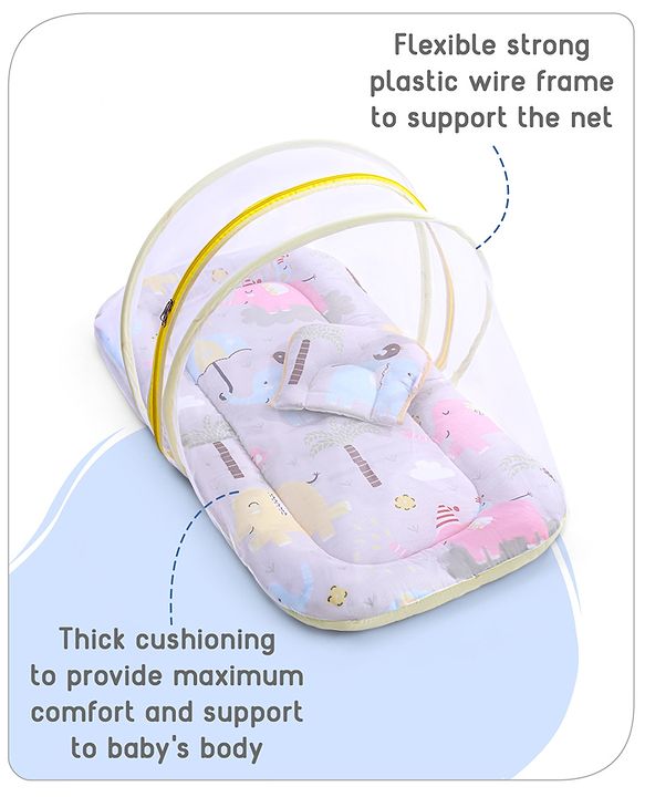 Babyhug Cotton Mattress Set with Mosquito Net Fox Print- Pista Green