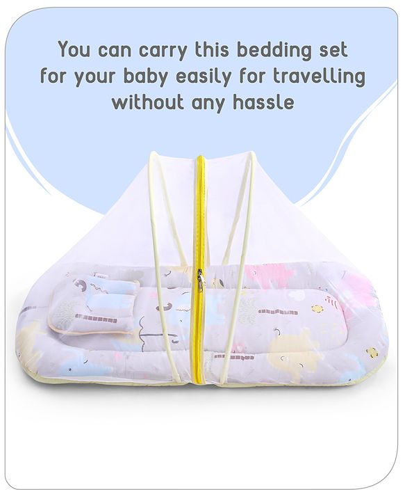 Babyhug Cotton Mattress Set with Mosquito Net Fox Print- Pista Green