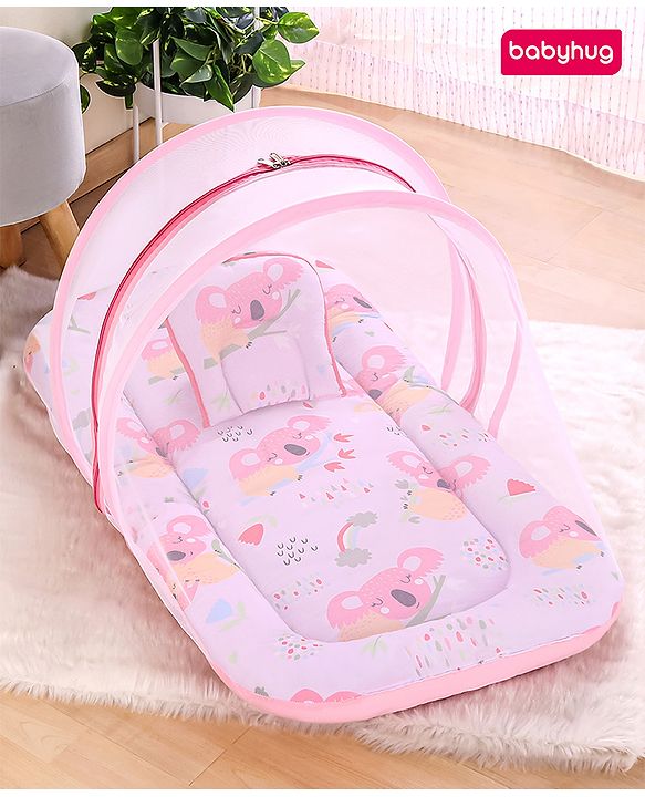 Babyhug Cotton Mattress Set with Mosquito Net Fox Print- Pista Green