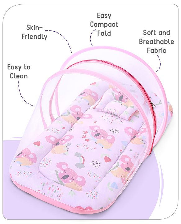 Babyhug Cotton Mattress Set with Mosquito Net Fox Print- Pista Green