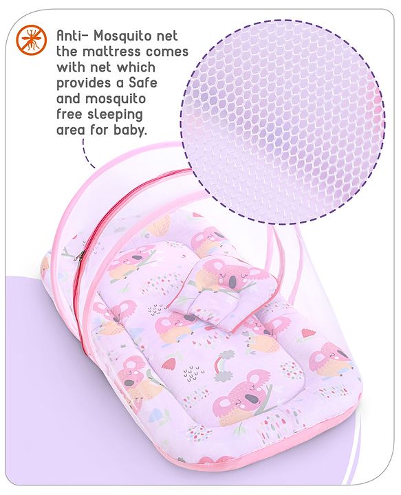 Babyhug Cotton Mattress Set with Mosquito Net Fox Print- Pista Green