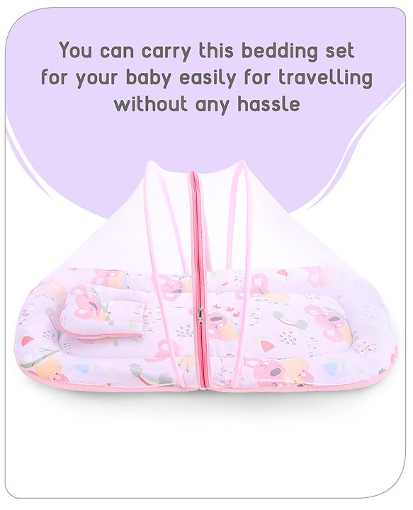 Babyhug Cotton Mattress Set with Mosquito Net Fox Print- Pista Green