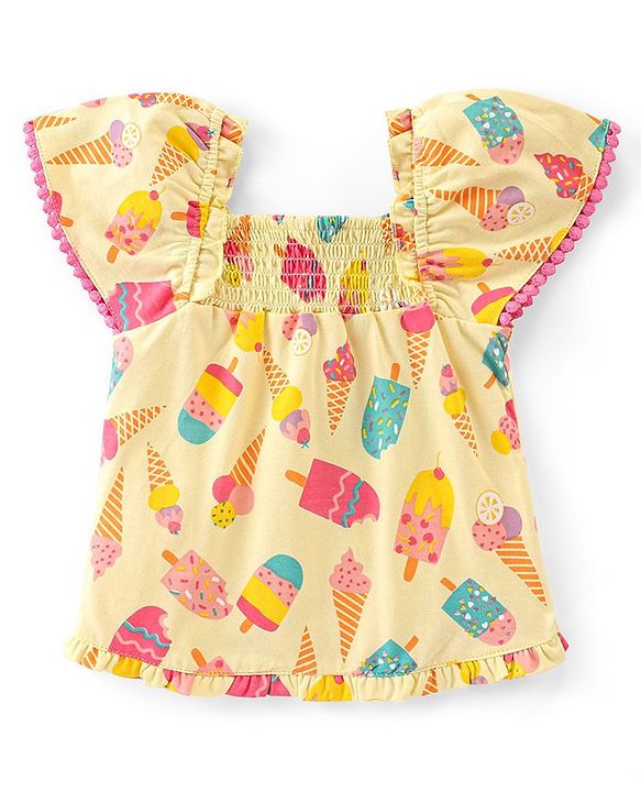Babyhug 100% Cotton Woven Half Sleeves Cropped Top With Smocking, Lace Detailing & Ice Cream Print - Yellow