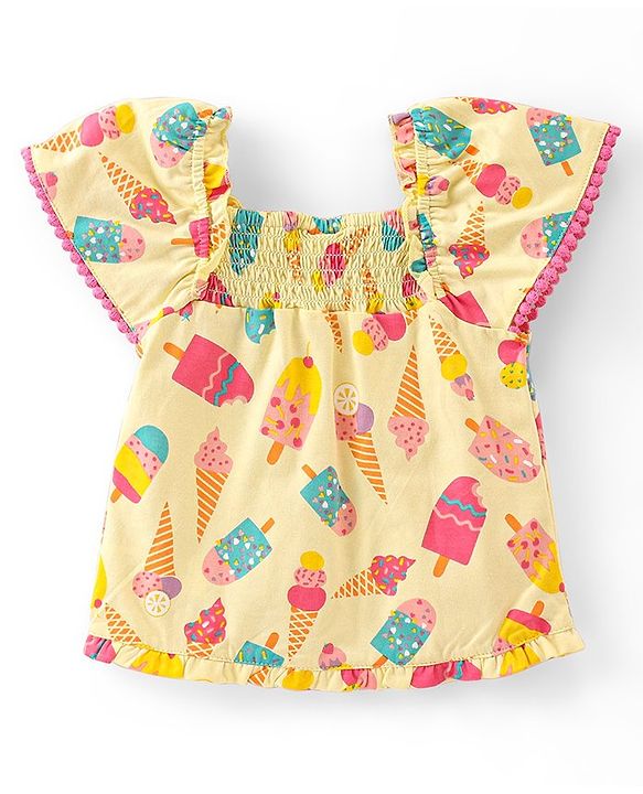 Babyhug 100% Cotton Woven Half Sleeves Cropped Top With Smocking, Lace Detailing & Ice Cream Print - Yellow