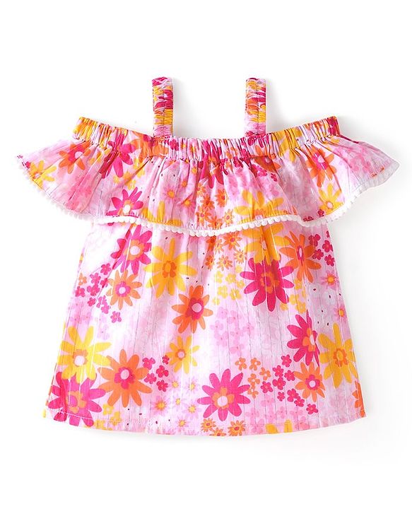 Babyhug Cotton  Woven  Cold Shoulder Sleeves  Top with Frills and Floral - Multicolour