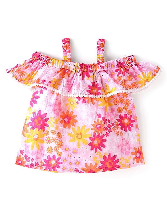 Babyhug Cotton  Woven  Cold Shoulder Sleeves  Top with Frills and Floral - Multicolour