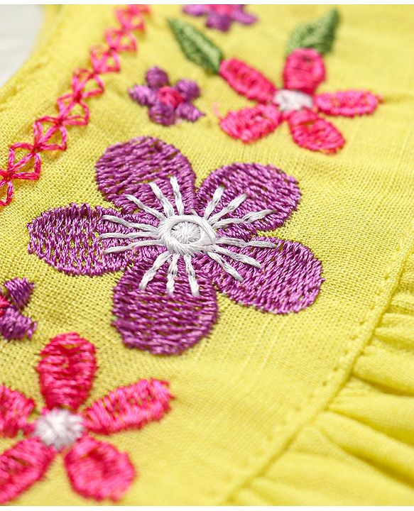 Babyhug Rayon Woven Half Sleeves  Top with Frills & Floral Embroidery Detailing - Yellow