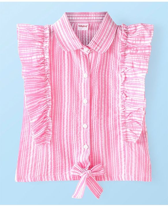Babyhug Cotton Woven Sleeveless Striped Top with  Frill & Knot Detailing  - Pink