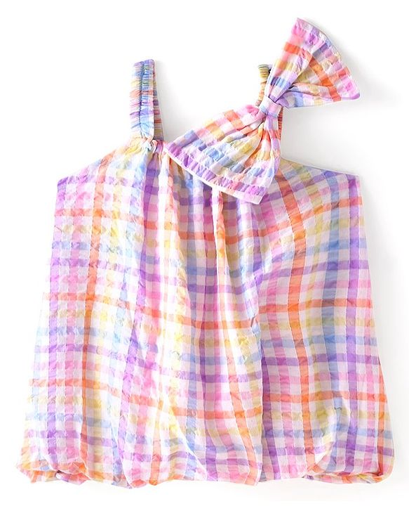 Babyhug  Cotton Woven Sleeveless Checked   Top with Bow Applique - Multicolour