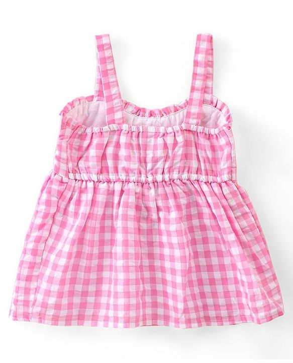 Babyhug Cotton Checked Sleeveless Woven Top With Bow Detailing - Pink