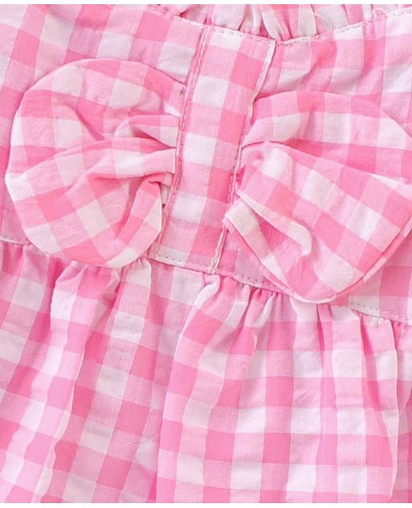 Babyhug Cotton Checked Sleeveless Woven Top With Bow Detailing - Pink