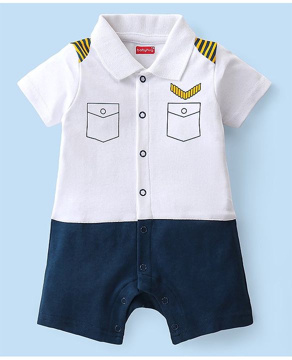 Babyhug 100% Cotton Knit Half Sleeves Pilot Theme Romper with Tie - Navy & White